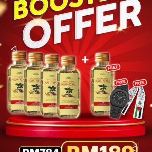 PAKEJ BOOSTER (4 BOTOL + FREE 1 BOTOL MINYAK + 1 MAFLA + 1 JAM)